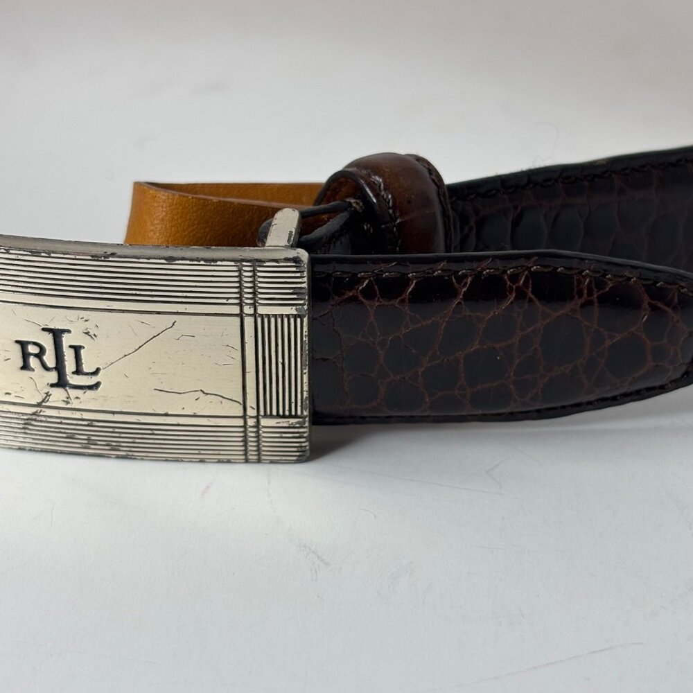 Ralph Lauren Brown Leather Belt Size S Textured Silver-tone Buckle RL Initials - Picture 12 of 13